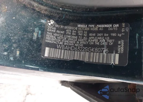 1995 BMW 525 I Automatic из США, поврежденный, VIN WBAHD6322SGK80776